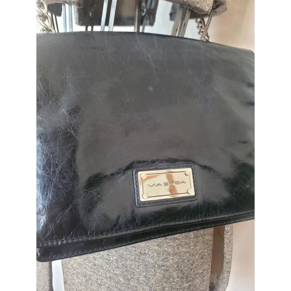 90s Y2K Via Spiga Black Shoulder Crossbody Bag Purse Leather‎ Chain Goth Grunge